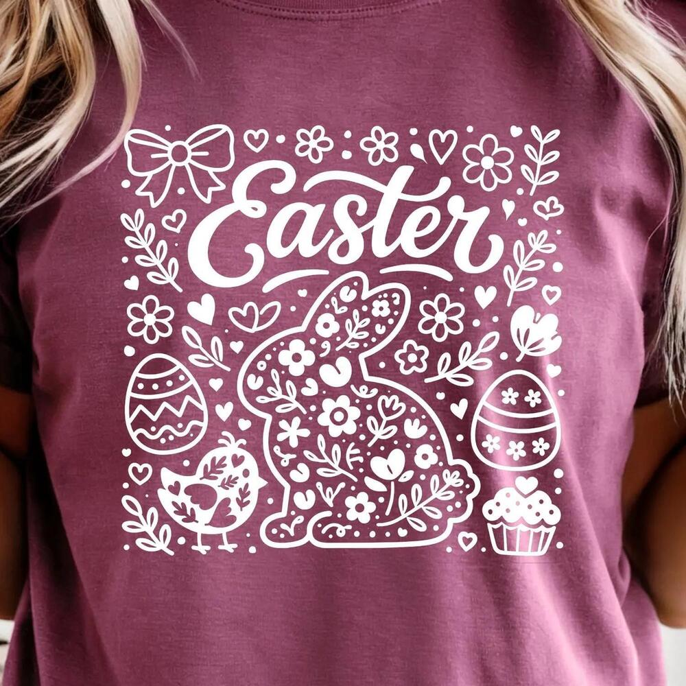 Floral Bunny Easter Shirt White Doodle Spring Tee